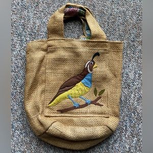 Vintage Squirrels Nest Ross California Burlap Bag Tote Purse Quail Bird
